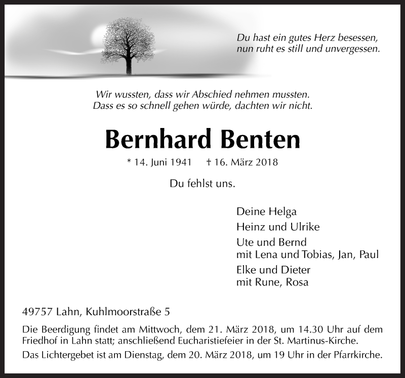  Traueranzeige für Bernhard Benten vom 19.03.2018 aus Neue Osnabrücker Zeitung GmbH & Co. KG