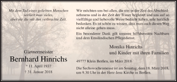 Traueranzeige von Bernhard Hinrichs von Neue Osnabrücker Zeitung GmbH & Co. KG