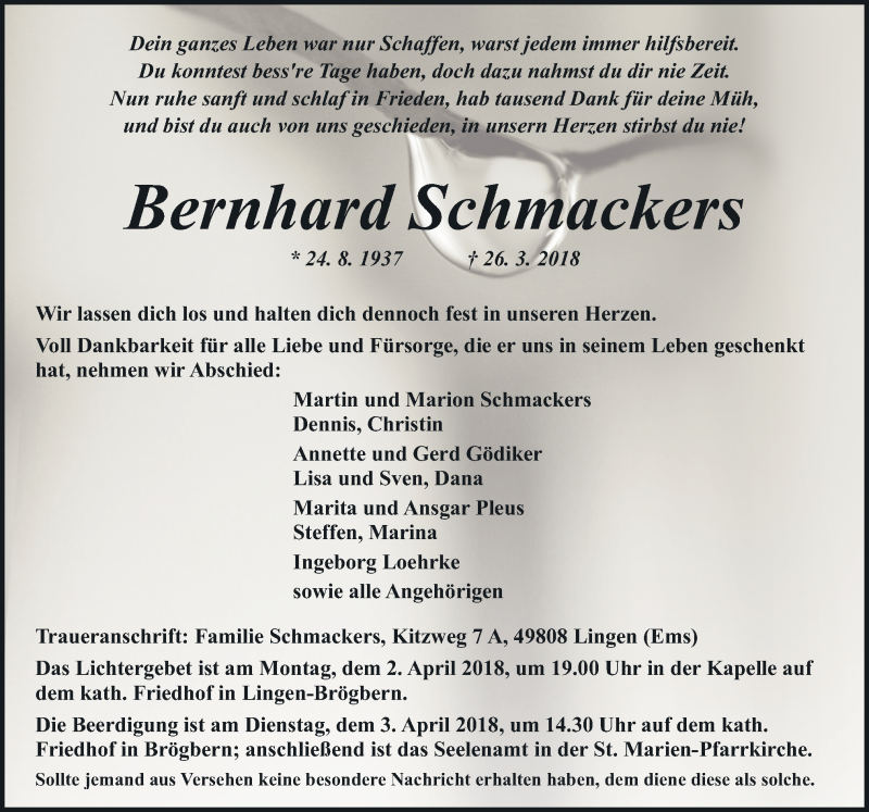 Traueranzeige für Bernhard Schmackers vom 29.03.2018 aus Neue Osnabrücker Zeitung GmbH & Co. KG