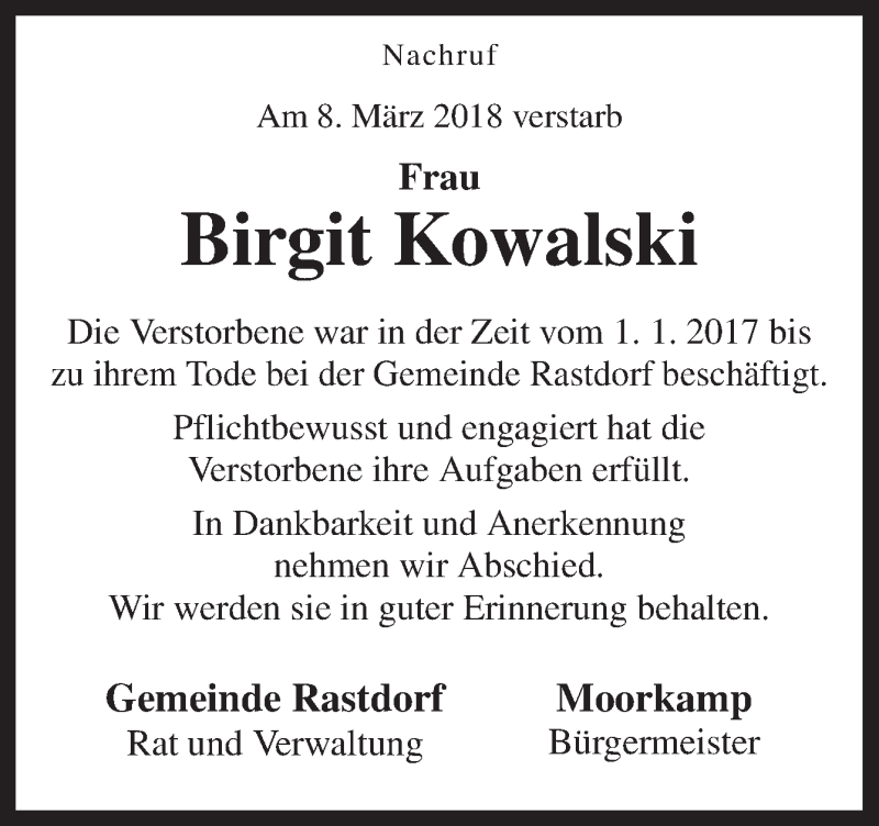  Traueranzeige für Birgit Kowalski vom 12.03.2018 aus Neue Osnabrücker Zeitung GmbH & Co. KG