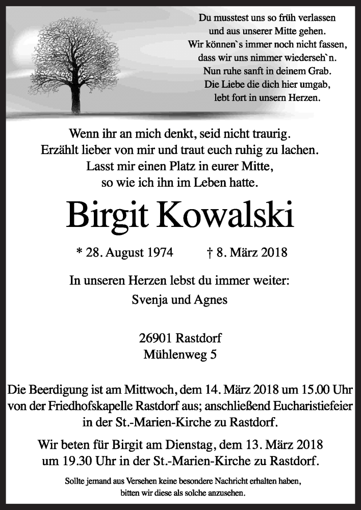  Traueranzeige für Birgit Kowalski vom 10.03.2018 aus Neue Osnabrücker Zeitung GmbH & Co. KG
