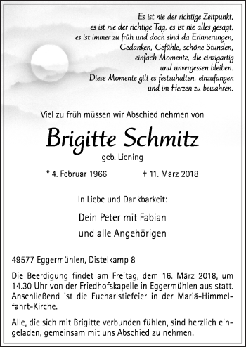 Traueranzeige von Brigitte Schmitz von Neue Osnabrücker Zeitung GmbH & Co. KG