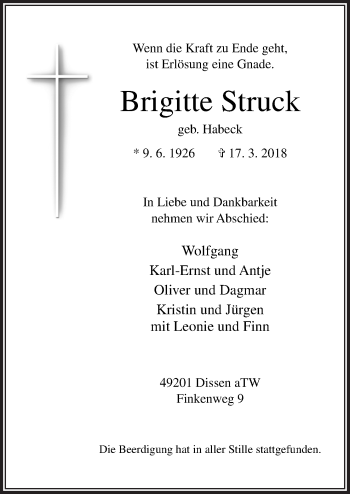 Traueranzeige von Brigitte Struck von Neue Osnabrücker Zeitung GmbH & Co. KG