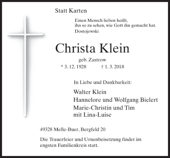 Traueranzeige von Christa Klein von Neue Osnabrücker Zeitung GmbH & Co. KG