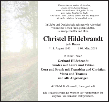 Traueranzeige von Christel Hildebrandt von Neue Osnabrücker Zeitung GmbH & Co. KG
