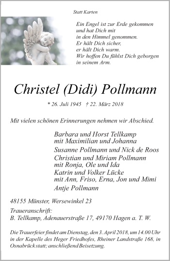 Traueranzeige von Christel Pollmann von Neue Osnabrücker Zeitung GmbH & Co. KG