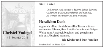 Traueranzeige von Christel Vodegel von Neue Osnabrücker Zeitung GmbH & Co. KG