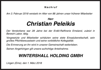 Traueranzeige von Christian Peleikis von Neue Osnabrücker Zeitung GmbH & Co. KG