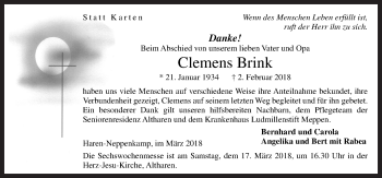 Traueranzeige von Clemens Brink von Neue Osnabrücker Zeitung GmbH & Co. KG