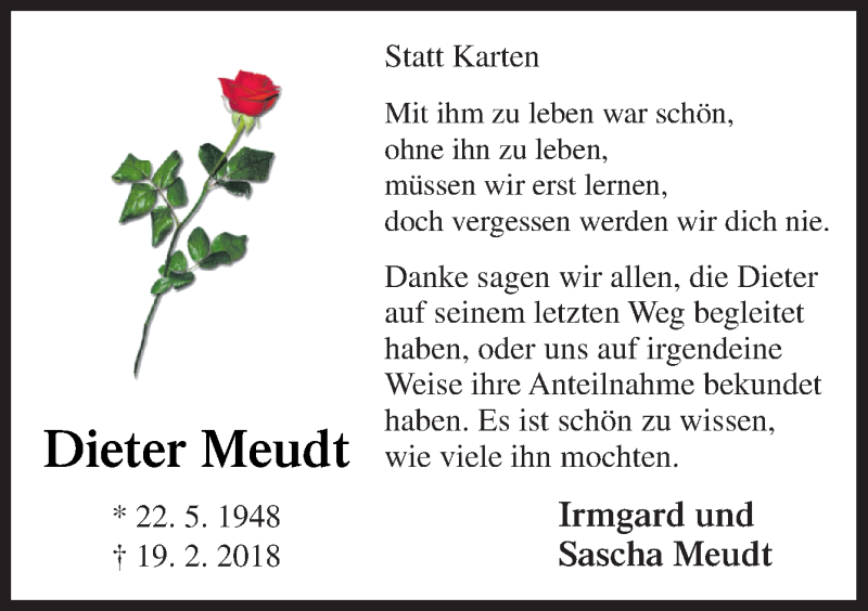  Traueranzeige für Dieter Meudt vom 17.03.2018 aus Neue Osnabrücker Zeitung GmbH & Co. KG
