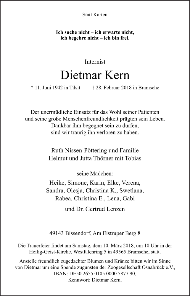  Traueranzeige für Dietmar Kern vom 03.03.2018 aus Neue Osnabrücker Zeitung GmbH & Co. KG