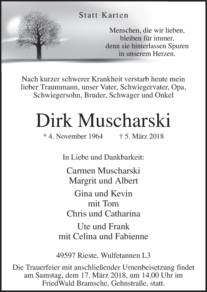  Traueranzeige für Dirk Muscharski vom 10.03.2018 aus Neue Osnabrücker Zeitung GmbH & Co. KG