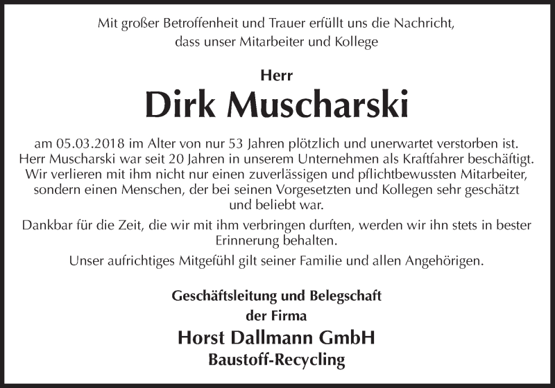 Traueranzeige für Dirk Muscharski vom 10.03.2018 aus Neue Osnabrücker Zeitung GmbH & Co. KG