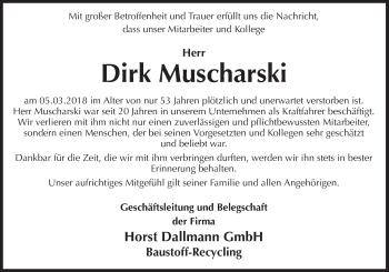 Traueranzeige von Dirk Muscharski von Neue Osnabrücker Zeitung GmbH & Co. KG