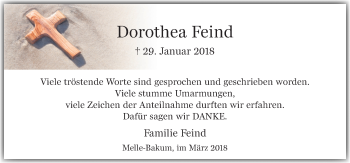 Traueranzeige von Dorothea Feind von Neue Osnabrücker Zeitung GmbH & Co. KG