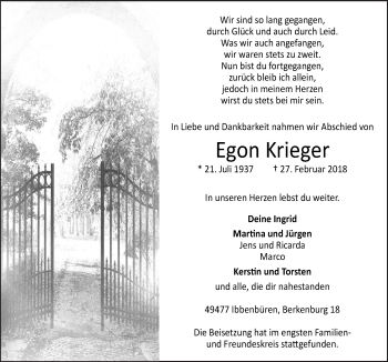 Traueranzeige von Egon Krieger von Neue Osnabrücker Zeitung GmbH & Co. KG