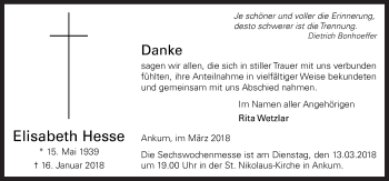 Traueranzeige von Elisabeth Hesse von Neue Osnabrücker Zeitung GmbH & Co. KG