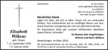Traueranzeige von Elisabeth Wilkens von Neue Osnabrücker Zeitung GmbH & Co. KG