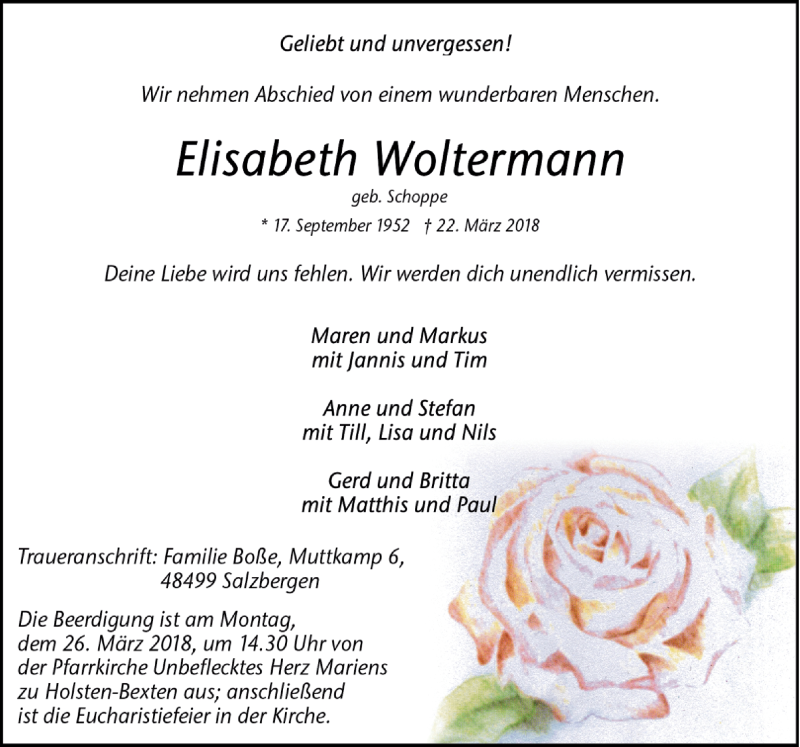  Traueranzeige für Elisabeth Woltermann vom 24.03.2018 aus Neue Osnabrücker Zeitung GmbH & Co. KG
