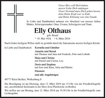 Traueranzeige von Elly Olthaus von Neue Osnabrücker Zeitung GmbH & Co. KG