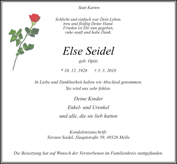 Traueranzeige von Else Seidel von Neue Osnabrücker Zeitung GmbH & Co. KG