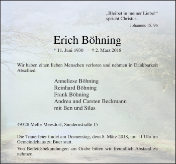 Traueranzeige von Erich Böhning von Neue Osnabrücker Zeitung GmbH & Co. KG