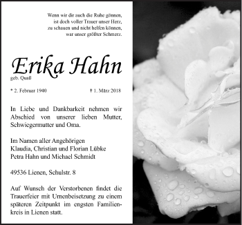 Traueranzeige von Erika Hahn von Neue Osnabrücker Zeitung GmbH & Co. KG