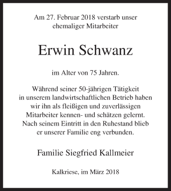 Traueranzeige von Erwin Schwanz von Neue Osnabrücker Zeitung GmbH & Co. KG