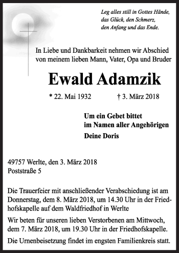 Traueranzeige von Ewald Adamzik von Neue Osnabrücker Zeitung GmbH & Co. KG
