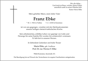 Traueranzeige von Franz Ebke von Neue Osnabrücker Zeitung GmbH & Co. KG