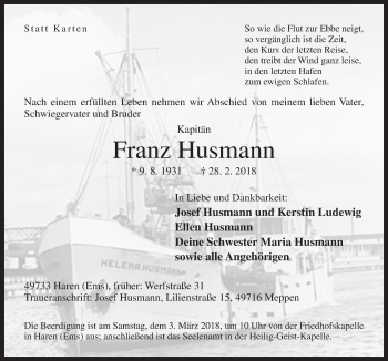 Traueranzeige von Franz Husmann von Neue Osnabrücker Zeitung GmbH & Co. KG
