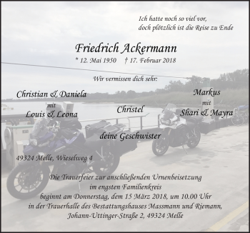 Traueranzeige von Friedrich Ackermann von Neue Osnabrücker Zeitung GmbH & Co. KG