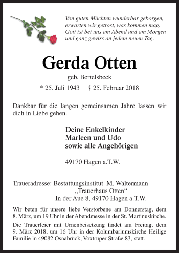 Traueranzeige von Gerda Otten von Neue Osnabrücker Zeitung GmbH & Co. KG