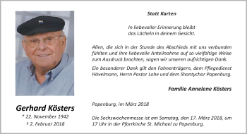 Traueranzeige von Gerhard Kösters von Neue Osnabrücker Zeitung GmbH & Co. KG
