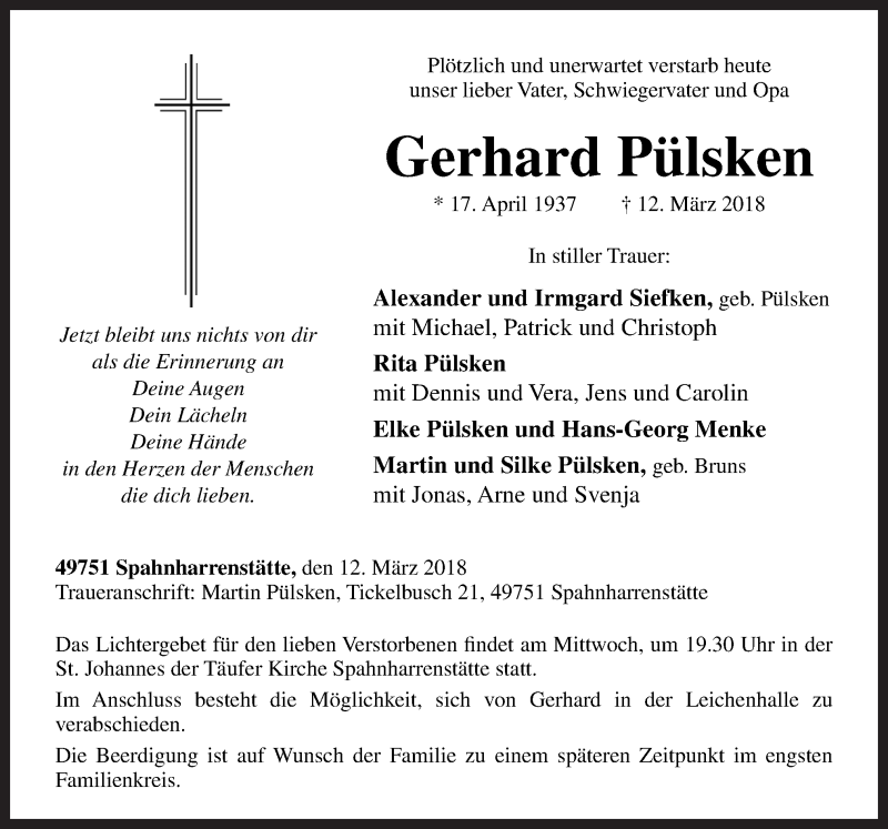  Traueranzeige für Gerhard Pülsken vom 13.03.2018 aus Neue Osnabrücker Zeitung GmbH & Co. KG
