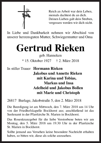 Traueranzeige von Gertrud Rieken von Neue Osnabrücker Zeitung GmbH & Co. KG