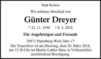 Traueranzeige von Günter Dreyer von Neue Osnabrücker Zeitung GmbH & Co. KG