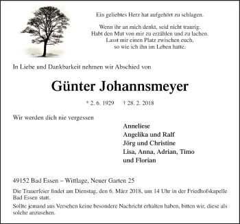 Traueranzeige von Günter Johannsmeyer von Neue Osnabrücker Zeitung GmbH & Co. KG