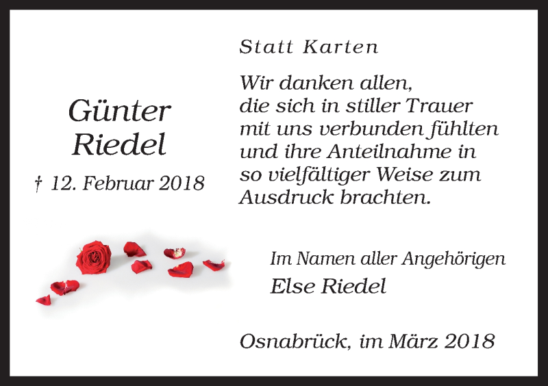  Traueranzeige für Günter Riedel vom 29.03.2018 aus Neue Osnabrücker Zeitung GmbH & Co. KG