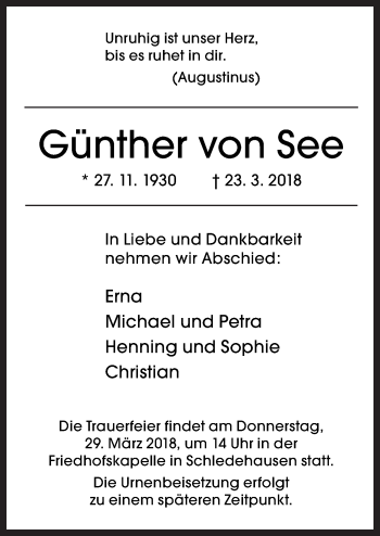 Traueranzeige von Günther von See von Neue Osnabrücker Zeitung GmbH & Co. KG