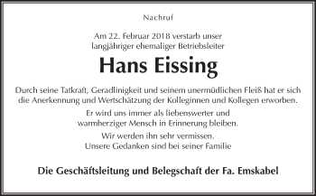 Traueranzeige von Hans Eissing von Neue Osnabrücker Zeitung GmbH & Co. KG