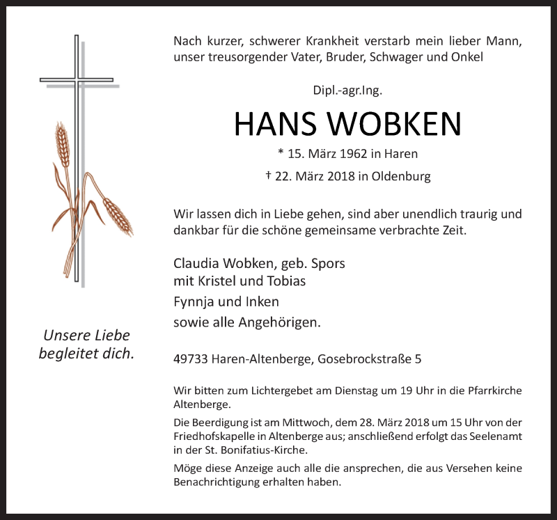  Traueranzeige für Hans Wobken vom 26.03.2018 aus Neue Osnabrücker Zeitung GmbH & Co. KG