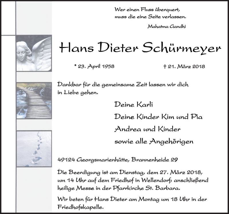  Traueranzeige für Hans Dieter Schürmeyer vom 24.03.2018 aus Neue Osnabrücker Zeitung GmbH & Co. KG