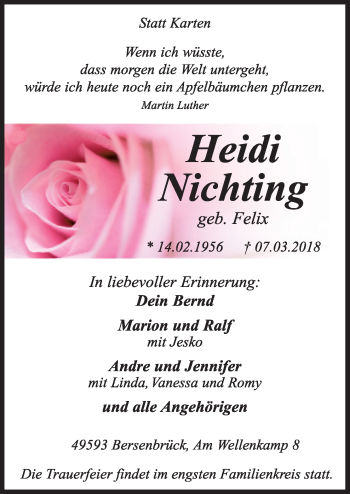 Traueranzeige von Heidi Nichting von Neue Osnabrücker Zeitung GmbH & Co. KG