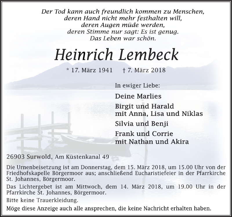  Traueranzeige für Heinrich Lembeck vom 10.03.2018 aus Neue Osnabrücker Zeitung GmbH & Co. KG