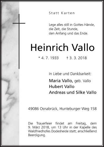 Traueranzeige von Heinrich Vallo von Neue Osnabrücker Zeitung GmbH & Co. KG