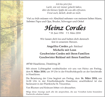 Traueranzeige von Heinz Cordes von Neue Osnabrücker Zeitung GmbH & Co. KG