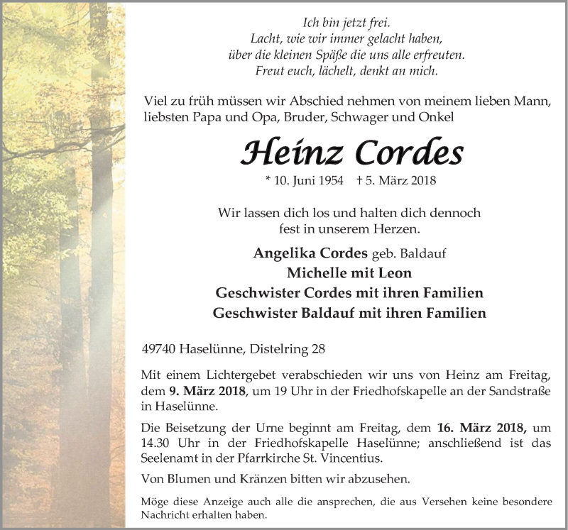  Traueranzeige für Heinz Cordes vom 07.03.2018 aus Neue Osnabrücker Zeitung GmbH & Co. KG