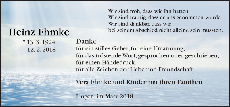  Traueranzeige für Heinz Ehmke vom 14.03.2018 aus Neue Osnabrücker Zeitung GmbH & Co. KG