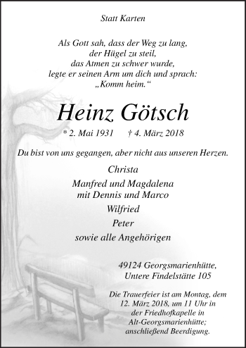 Traueranzeige von Heinz Götsch von Neue Osnabrücker Zeitung GmbH & Co. KG